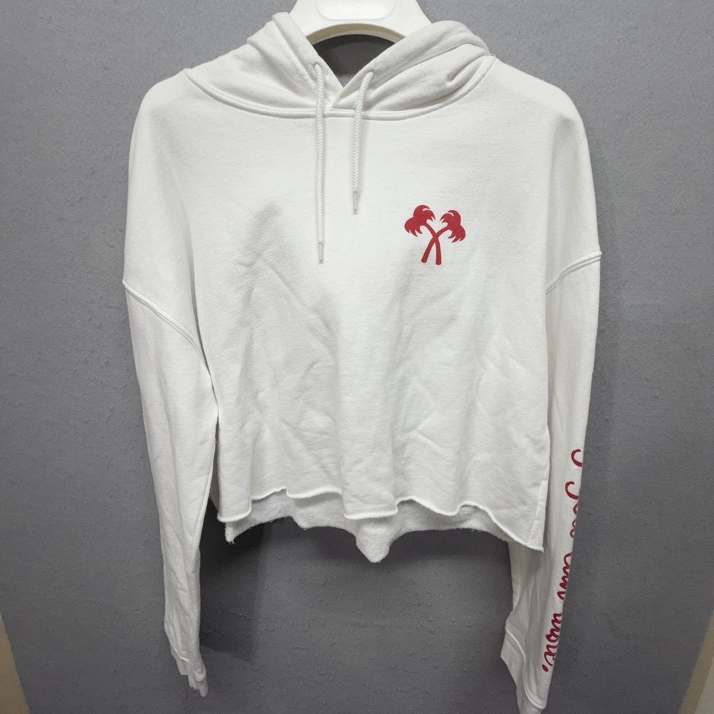 In-N-Out Burger Cropped Hoodie Women's Size L White Graphic Spellout Raw Hem USA